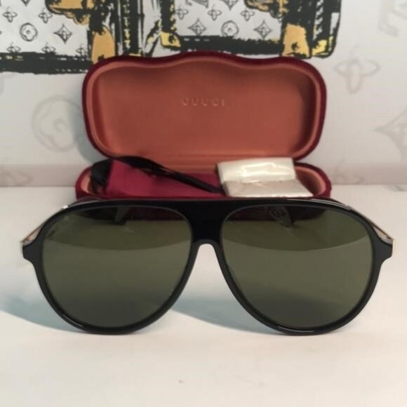 New Authentic  Gucci GG0829SA 002 – Black & Ruthenium Aviator Green Lenses ✨ - Picture 4 of 11